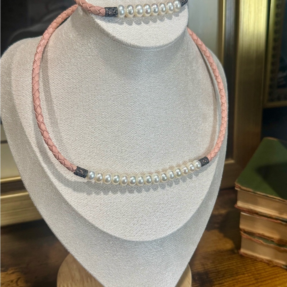 Vintage Pearl and Pink Braided Necklace and Bracelet Set